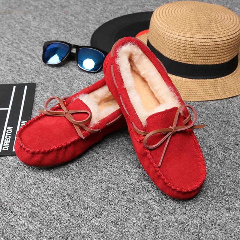 Women Winter Warm 100% Genuine Leather Flat Shoes Casual Loafers Slip On Women's Flats Plush Shoes Moccasins Lady 2024