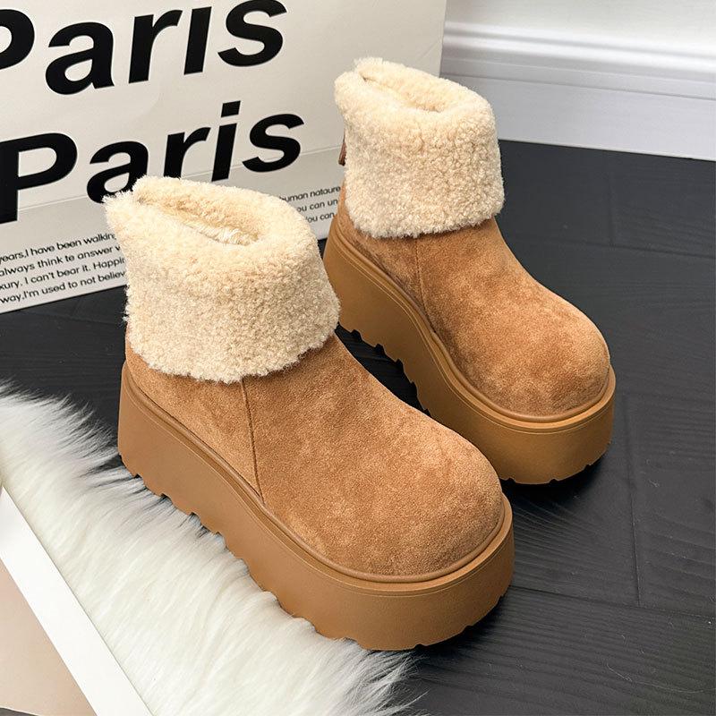 Thick-soled Heightening Snow Boots Women's New Winter Plush Warm Fluffy Short Boots Fashionable Ugly and Cute Big-headed Cotton Shoes