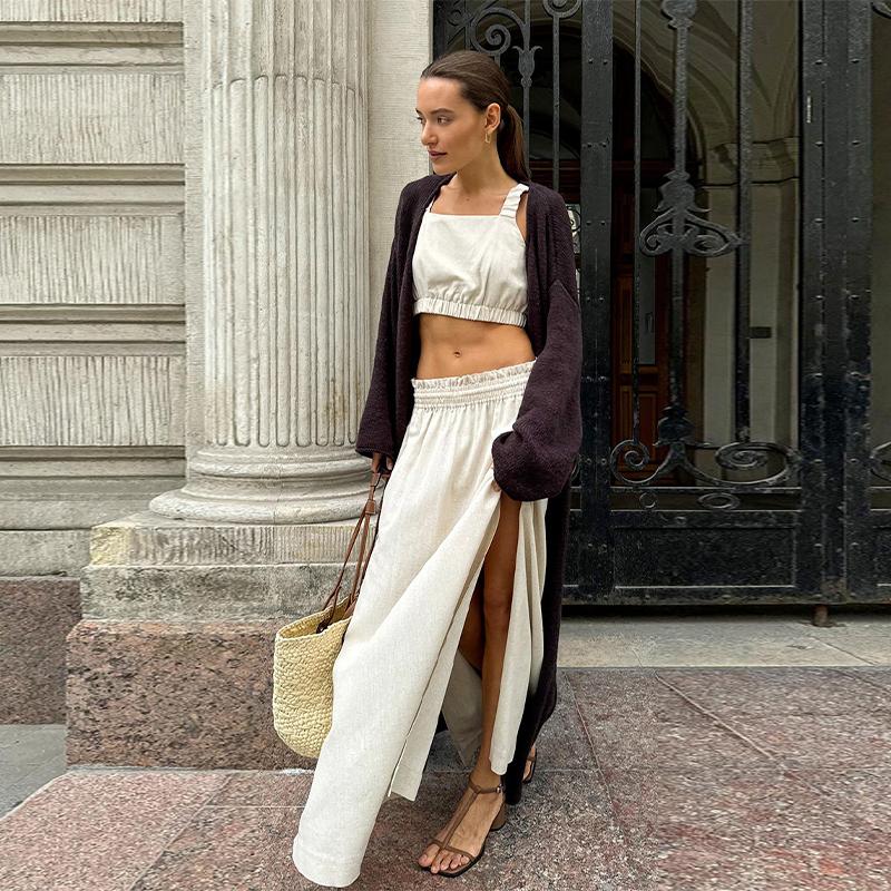 Summer Cotton Linen Women's Suspender Half Skirt Set Short Vest Casual Solid Color Set Female Split Long Skirt Matching Sets