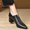 Comfortable Black Soft Leather 5.5Cm High Heels Pointed Toe Chunky Heel Women'S Shoes Versatile Deep Mouth Single Shoes