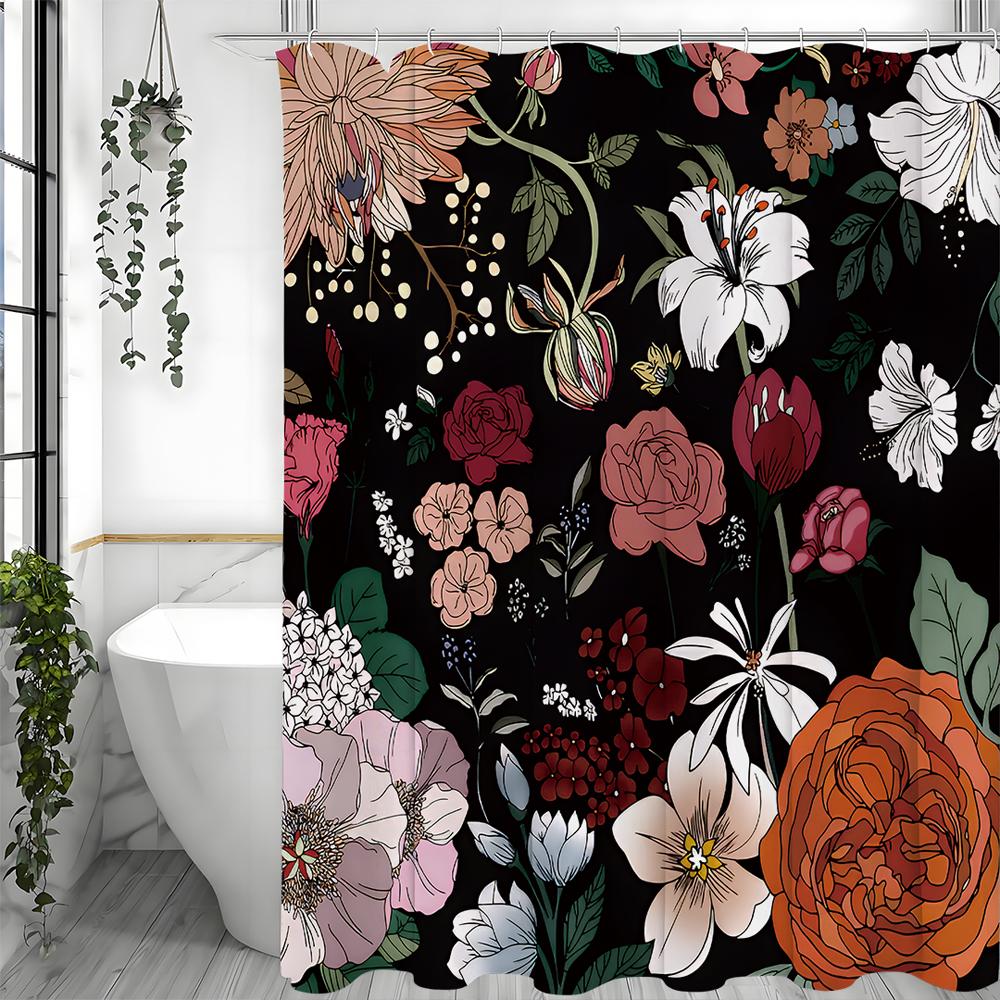 Floral Plant Shower Curtain, Bathroom Decorative Shower Curtain, Waterproof Shower Curtain with Hooks