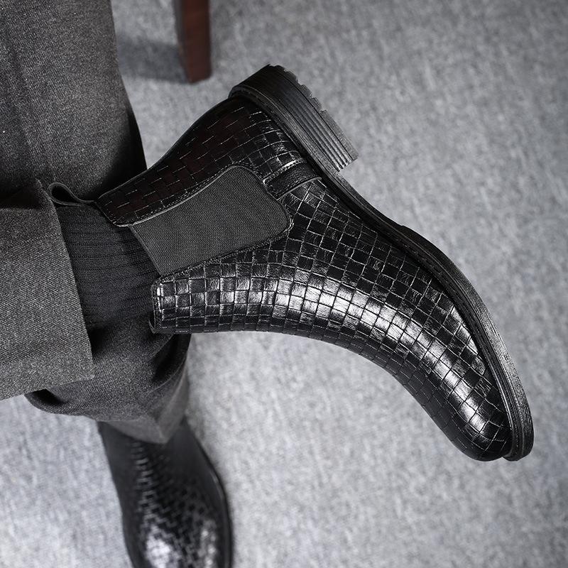 New Men's Woven Pattern Handmade Elastic Sleeve High Top Leather Boots for Casual Business and Fashion Chelsea Leather Boots