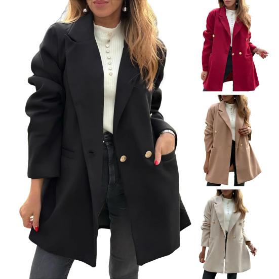 Women's Trench Coat Notch Lapel Double Breasted Mid Long Pea Coat with Pockets Long Sleeve Fall Winter Outwear