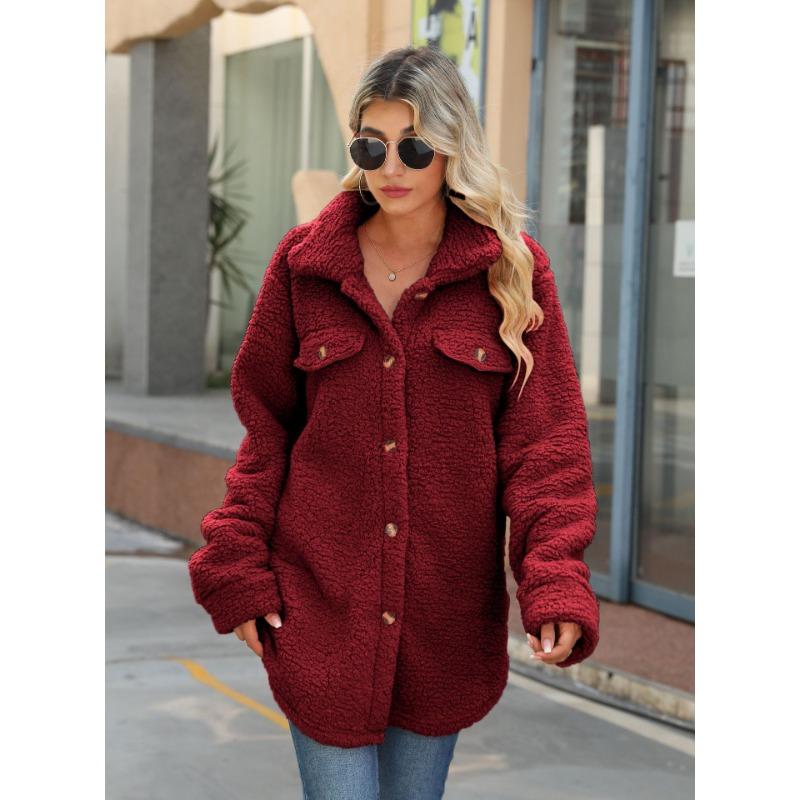 Autumn and Winter Women's Coat Lapel Long-sleeved Loose Buttons Fake Pockets Non-iron Long Plush Coat