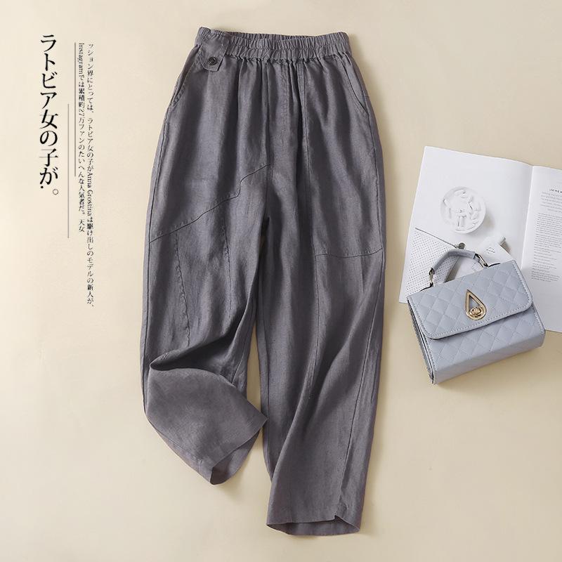 Spring and Summer Literary Retro Cotton Linen Harem Trousers Plus Size Women's Elastic Waist Solid Colour Versatile Cropped Pants