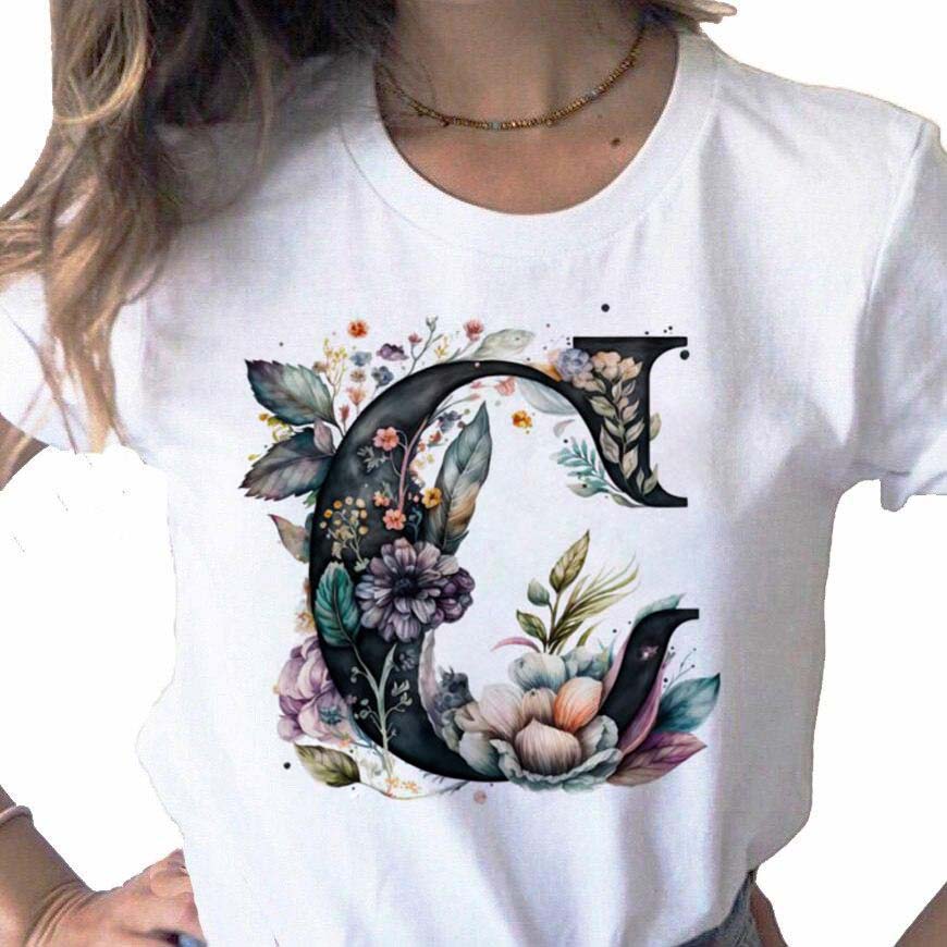 New Women T Shirt Custom Name Letter Combination Print Tshirt Flower Letter Font A B C D E F G Short Sleeve Female Tees Tops