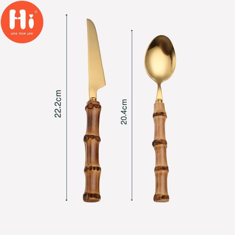 Hi Bamboo Handle Stainless Steel Cutlery Set Wooden Spoon and Fork Set Knife Minimalist Gold
