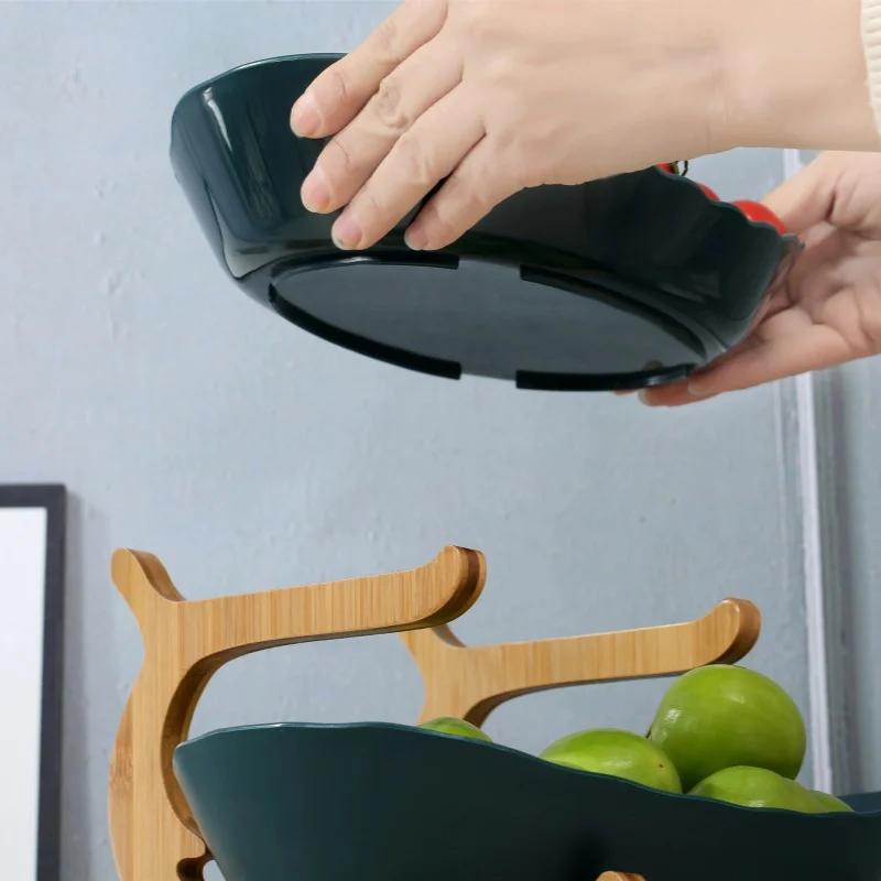 Double/Three Layer Modern Wooden Living Room Multi-layer Snack Net Plastic Fruit Plate Wooden Three-layer Dessert Plate