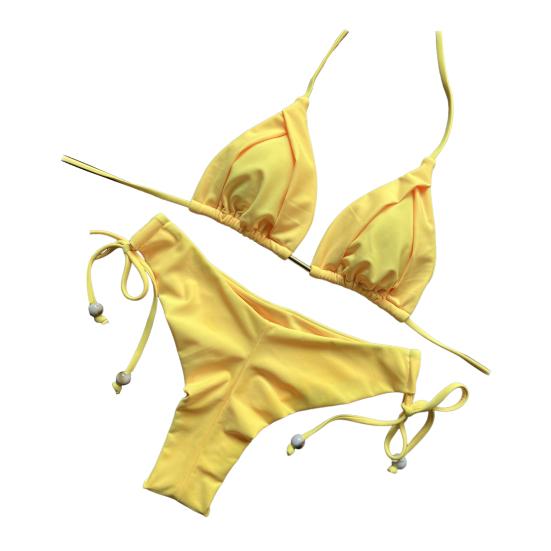 2Pcs/Set Sexy Women Bikini Set Solid Color Halter Bra High Waist Lace-up Briefs Set Push Up Swimsuit Quick Drying Beach Wear