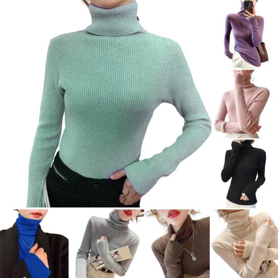 Sweater Turtleneck Long Sleeve Solid Color Bottom Tops High Elasticity