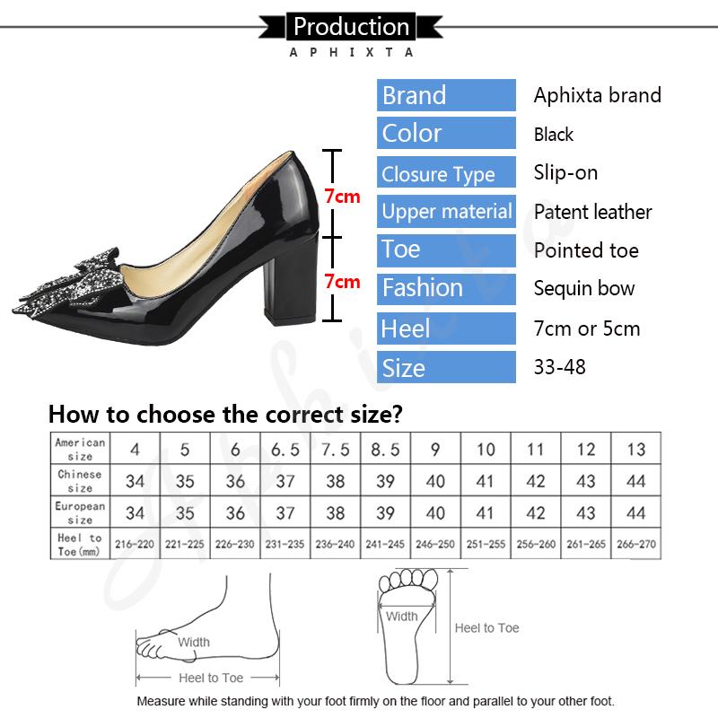 Aphixta Elegant Square Heels Patent Leather Official Pumps Women Bling Sequins Butterfly-knot Pointed Toe Dress Shoes Woman