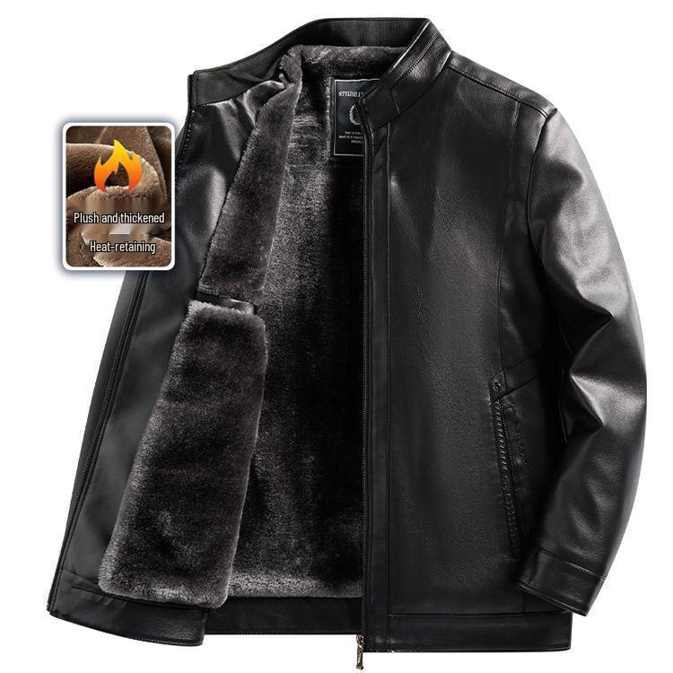 Men's Middle-Aged & Elderly Leather Jacket - Autumn/Winter, Warm, Thick, Windproof, Cycling Outerwear.