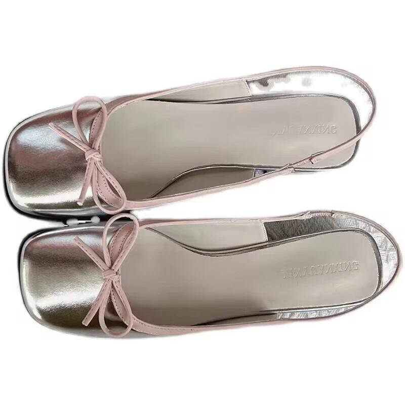 New Summer Women's Flats Sliver Boat Shoes Square Toe Slip On Flat Shoes for Woman Ballet Flats Comfortable Bow Women's Sandals