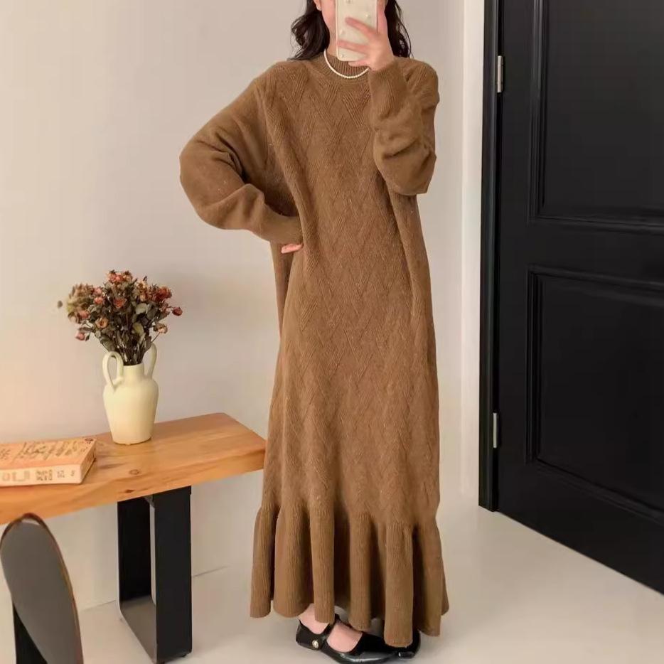 Large Size Women's Fashion Long Crew Neck Knitted Dress Women's Autumn and Winter Lazy Wind Loose Fish Tail Bottom Sweater Skirt