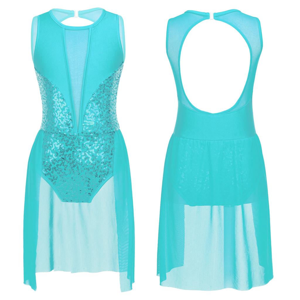 Kids Girls Ballet Tutu Leotard Dress Shiny Sequins Flowy Mesh Skirted Gymnastics Leotard Contemporary Lyrical Dance Costumes