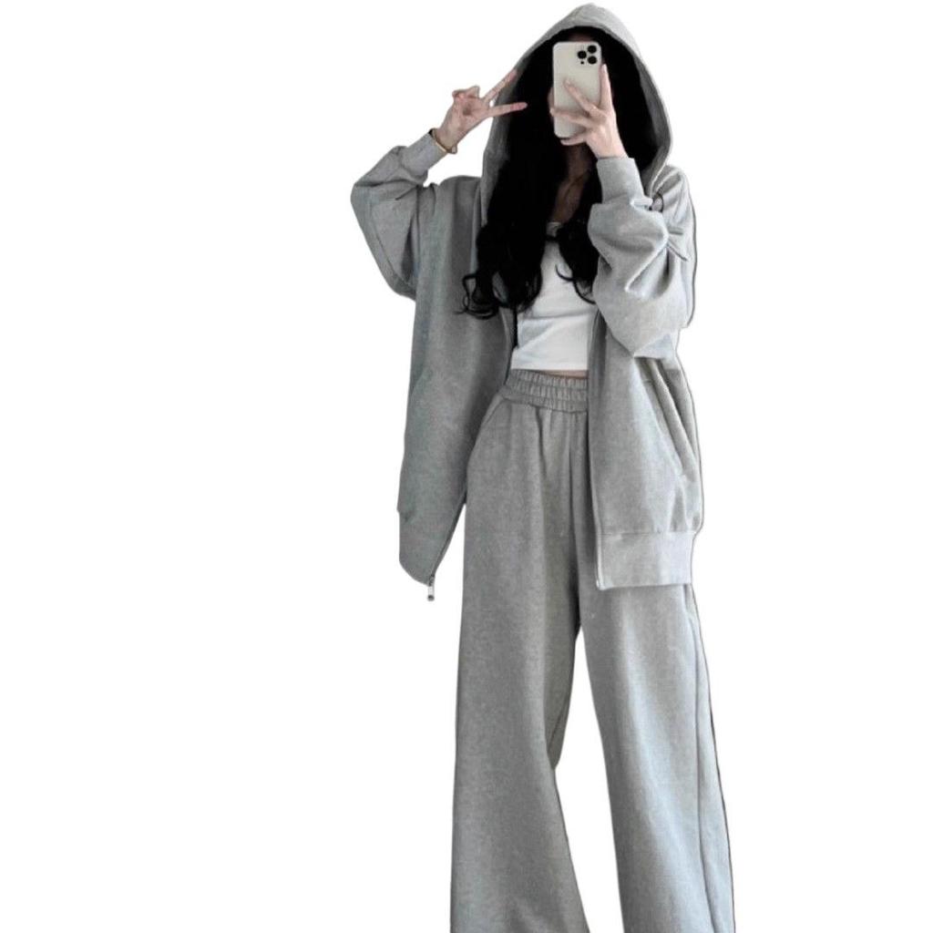 Gray Casual Sportswear Set: Women's Plus Size Autumn/Winter Korean-Style Sweatshirt & Sweatpants, 2-Piece