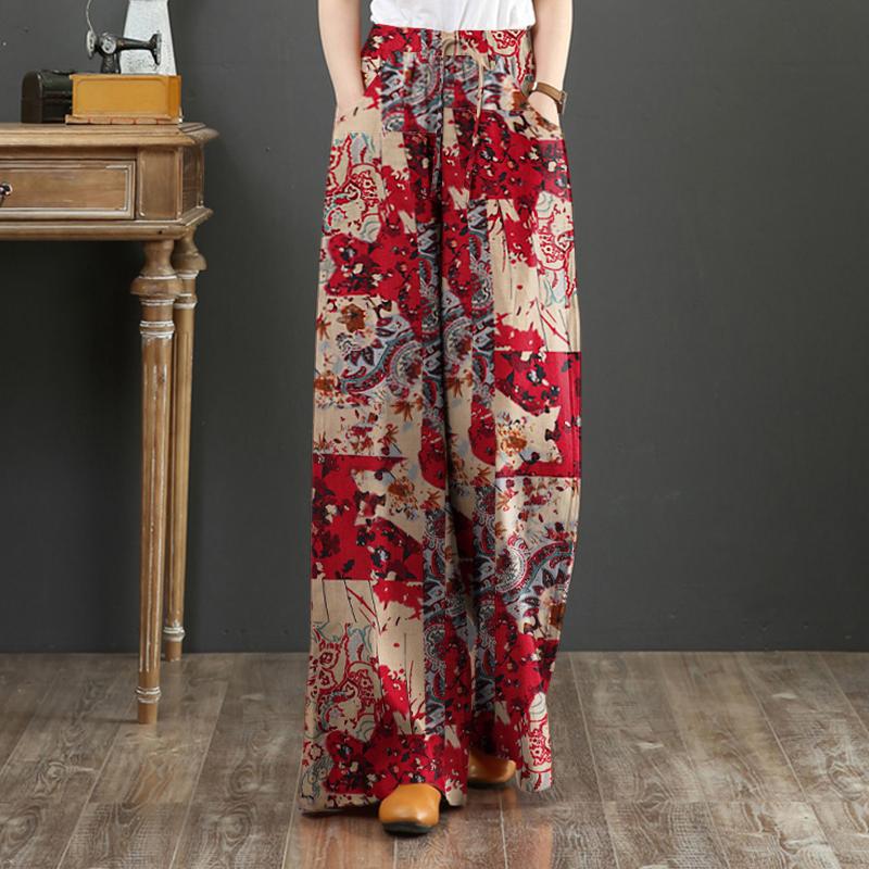 ZANZEA Women Casual Print Loose Elastic Belted Wide Leg Long Trousers