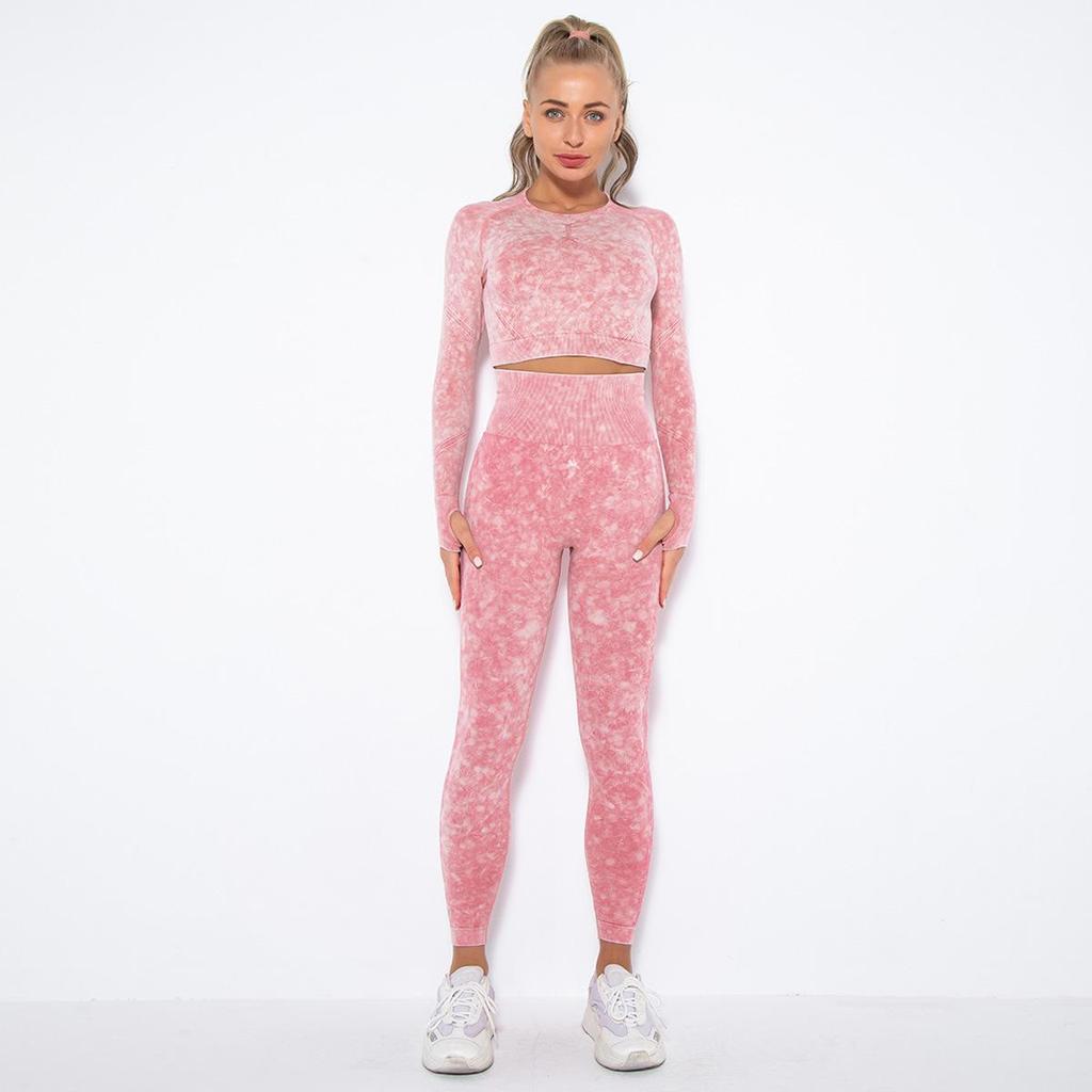 Women Seamless Washed Peach Hip Lifting Sports Running Fitness O Neck Long Sleeve Pant Suits