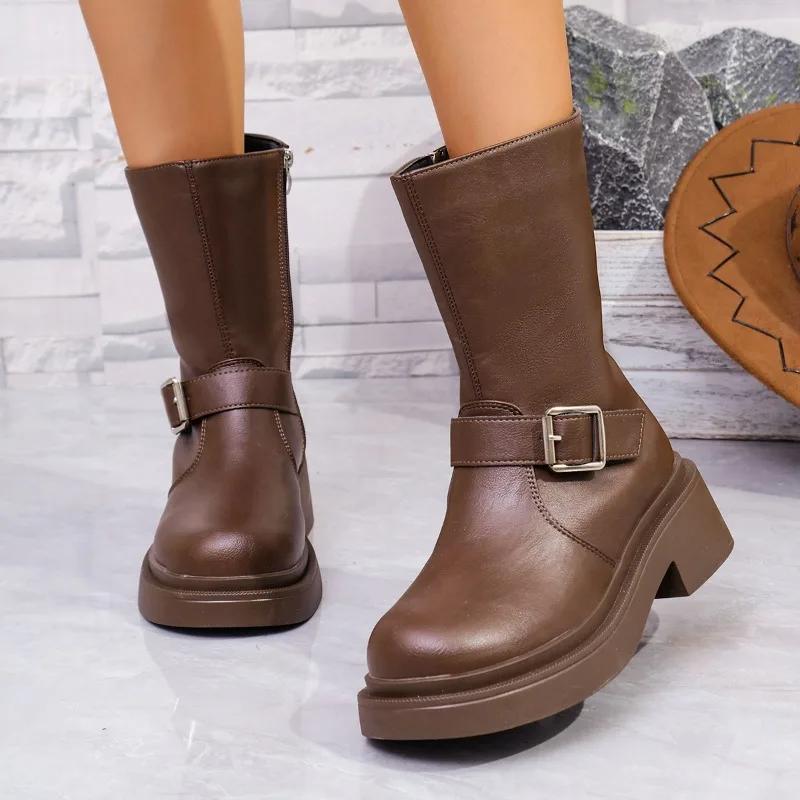 2024 Hot-selling Versatile Warm and Comfortable Women's Boots New Fashion Thick-soled Women's British Style Western Mid-calf