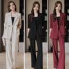 3 Pcs/Set Lady Formal Suit Coat Pants Set Turn-down Collar Button Decor Long Sleeves Jacket Loose Pure Color Trousers Casual Commuting Business Outfit