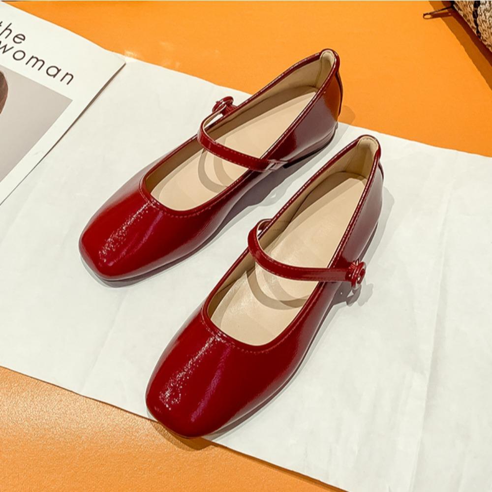 Fashion Red Little Leather Shoes for Women 2025 Spring Autumn Shallow Mouth Square Head Pumps Low Heel One Word Straw Mary Jane Shoes
