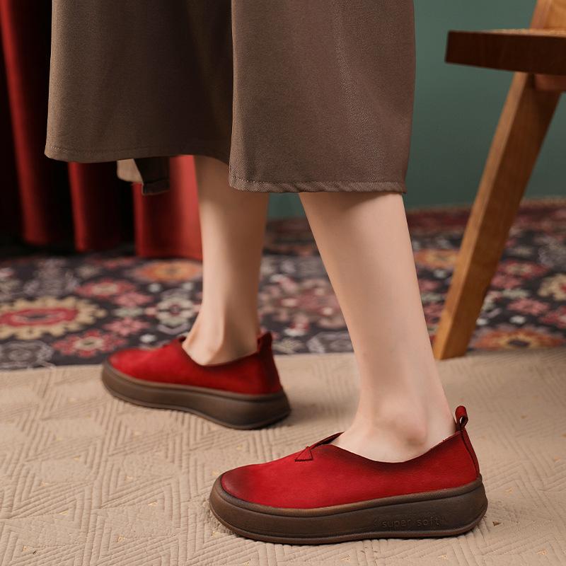 Autumn New First-layer Cowhide Women's Shoes Retro Literary Round Head Single Shoes Women's Leather Thick Sole