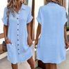 Summer Women Dress Turn-down Collar Single-breasted Loose Short Sleeves Loose Solid Color Patch Pocket Knee Length Commute Leisure Midi Dress