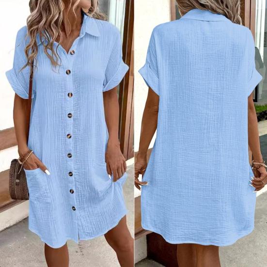 Summer Women Dress Turn-down Collar Single-breasted Loose Short Sleeves Loose Solid Color Patch Pocket Knee Length Commute Leisure Midi Dress