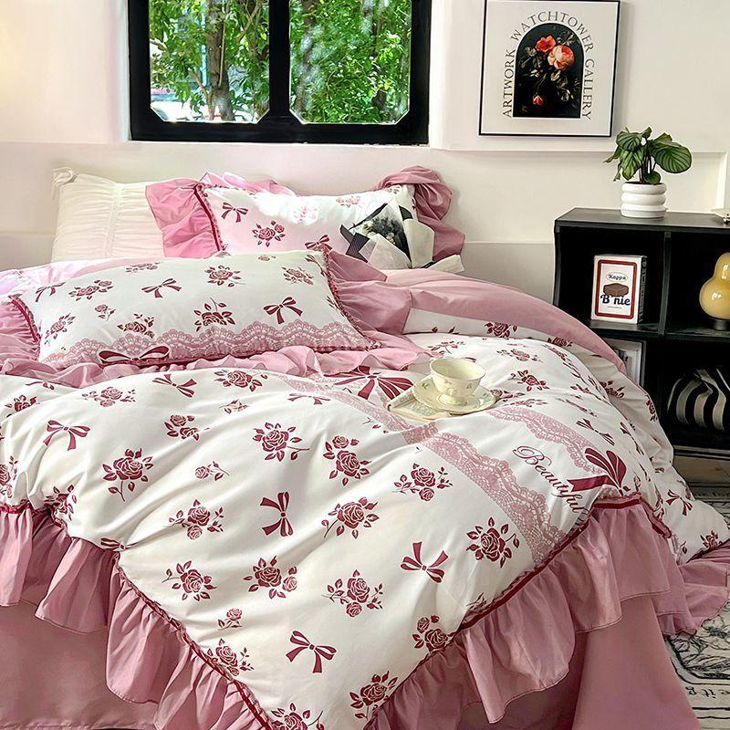 French Retro Light Luxury Washed Cotton Four Piece Set Bedroom Lace Duvet Set Single Bedding Set Dormitory Bed Linen