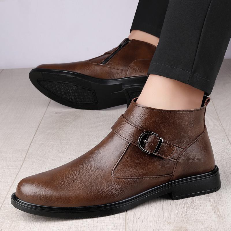 Winter Business Leather Boots Plush Warm Chelsea Men Boots Formal High Top Leather Shoes British High Quality Trendy Ankle Boots