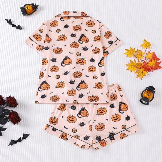 Halloween Pajama Sets for Women Button Down Short Sleeve 2 Piece Sleepwear Pumpkin Print Shirts And Shorts Pjs Lounge Set