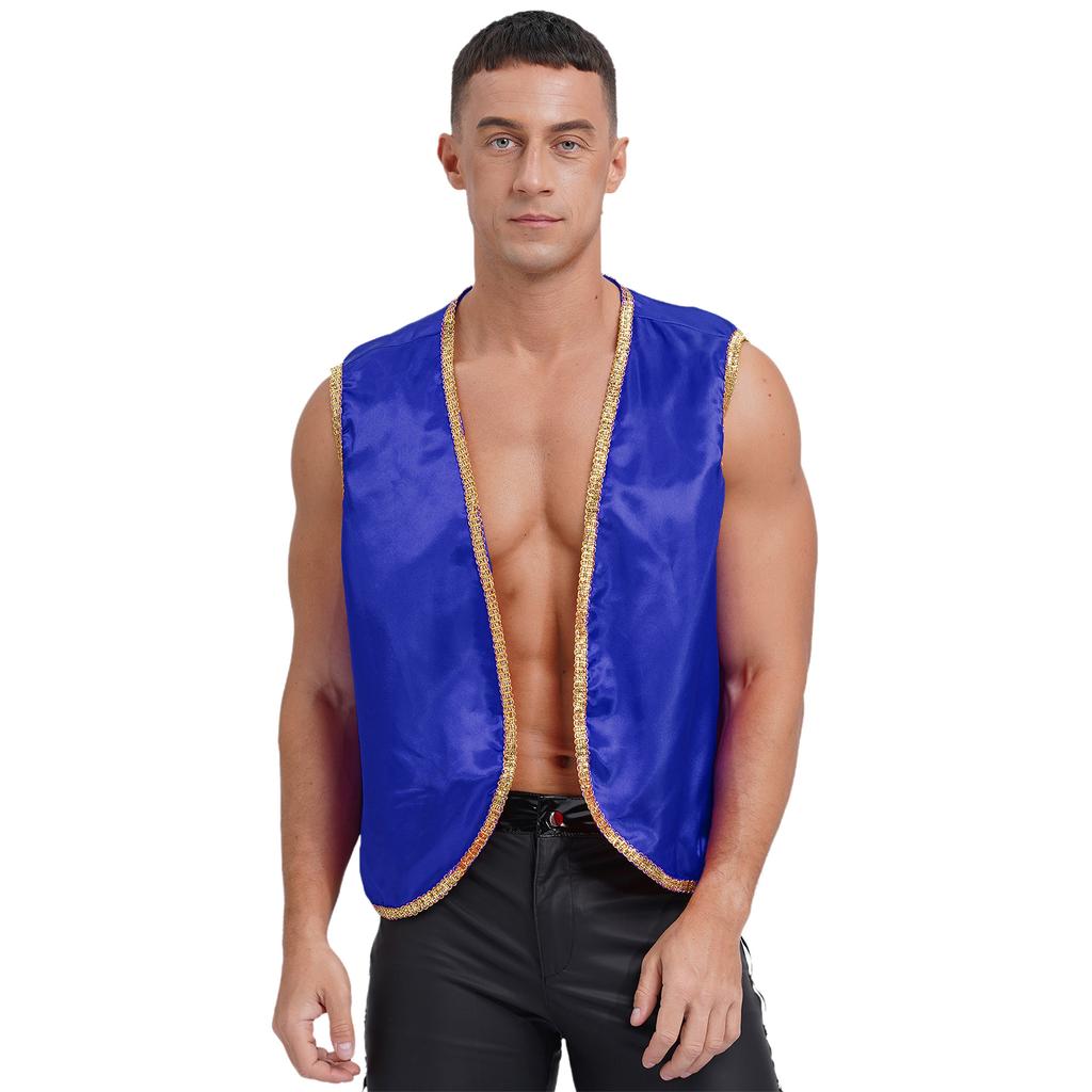 Mens Arabian Prince Costume Stain Vest Shiny Gold Trim Open Front Curved Waistcoat