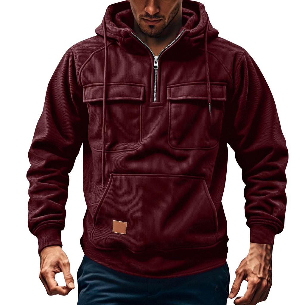 Men's Solid Color Fleece Half Zip Pocket Sweatshirt Hoodie Men's Sports Large Size Casual Sweatshirt