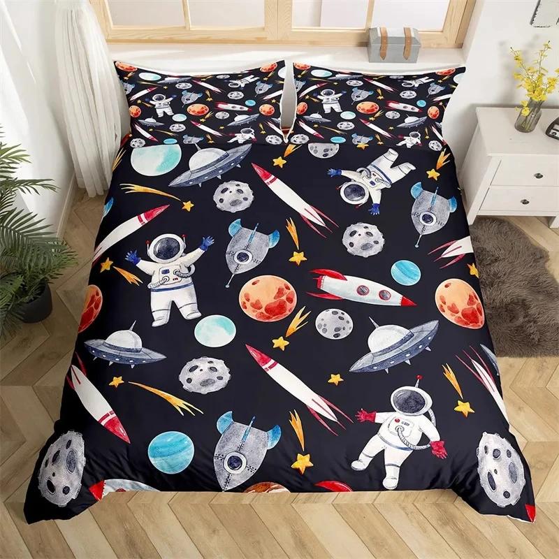 Astronaut Duvet Cover Set, Space Bedding Set for Kids Boys, Sky Galaxy Themed Comforter Cover, Queen/King/Twin Size Quilt Cover