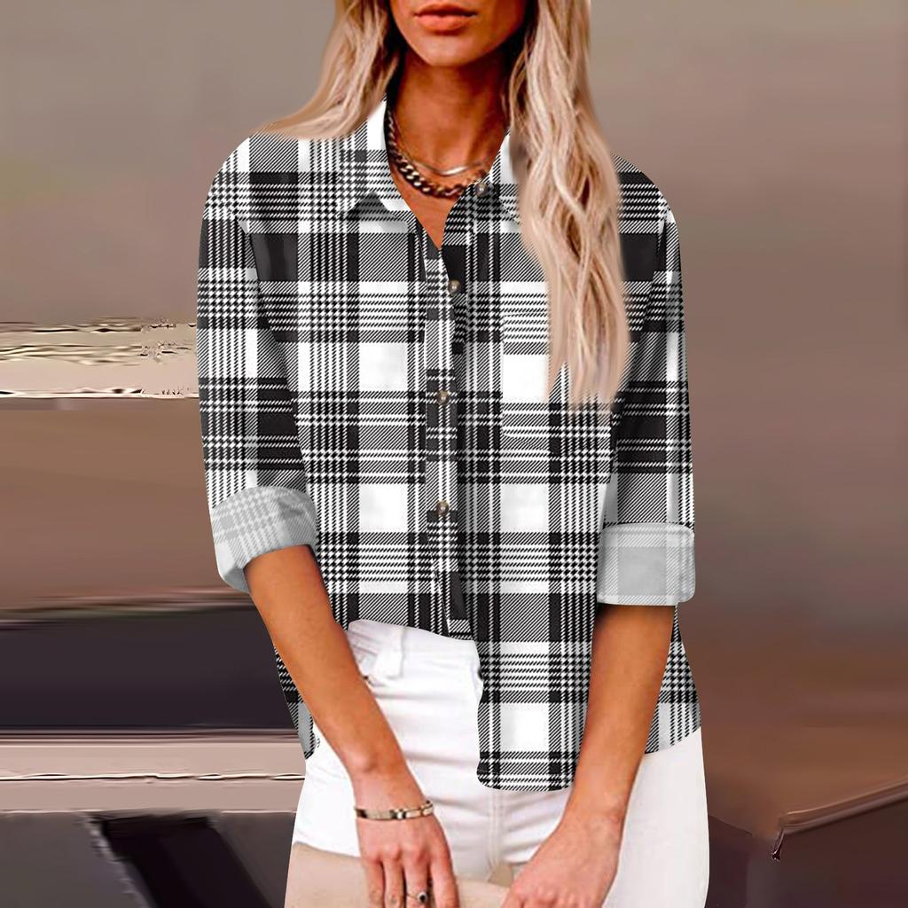 Women's Loose Casual Long-sleeved Lapel Button-down Shirt With Striped Plaid Print And Pocket Cardigan