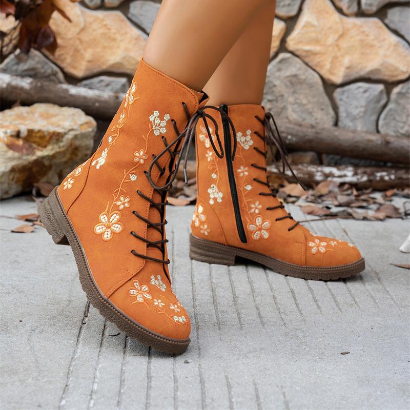 Woman Ankle Boots New Embroidery Big Size Flower Boots Women Autumn Winter Lace Up Comfortable Shoes for Women Botas De Mujer