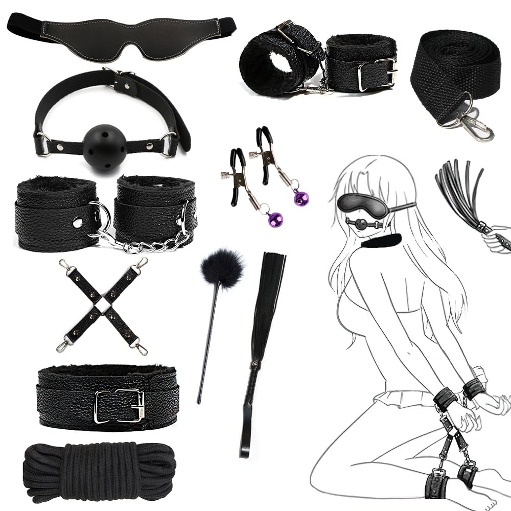 SM Goods Restraints Women 11 Piece Set Sexy Rape Gag Shackles SM Play Collar Handcuffs Leg Shackles Eye Mask Adjustable Sex Toy Adult Goods Secret