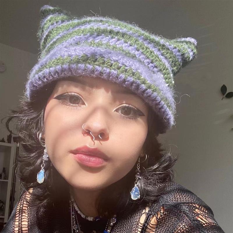 Cute Devil Horn Knitting Striped Beanie Hat Autumn Winter Knitted Wool Caps Girl Cat Ear Pointed Pullover Women Bonnet Hats