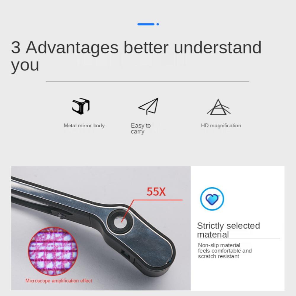 4 Led Lights One UV Currency Detector Lamp 55X Magnifying Glass with Light Handheld Microscope