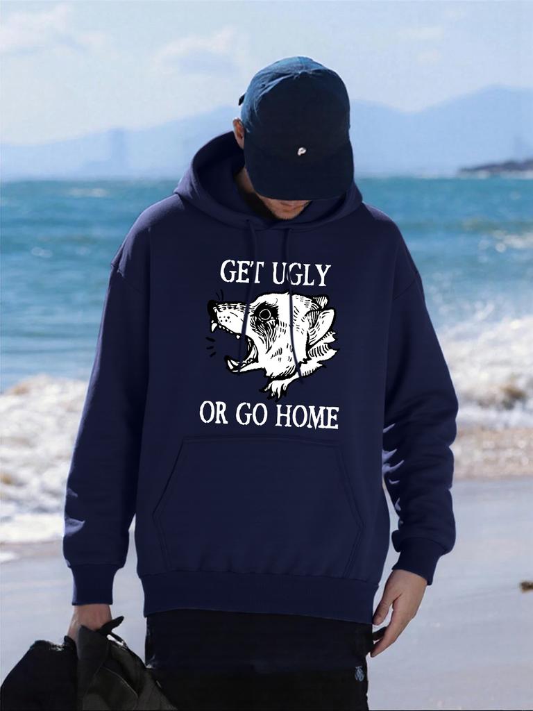 Get Ugly Or Go Home Raccoon Printing Mens Hoodies Autumn Pocket Hoody Fleece All-Match Hoodie Loose Comfortable Male Sportswear