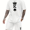 2pcs Mens Fashion King Crown Spades Print Loungewear Set - Soft, Breathable, Medium Stretch Crew Neck Graphic T-shirt & Drawstring Shorts