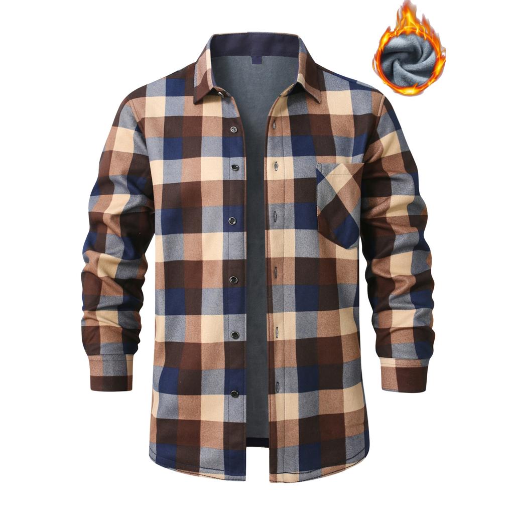 Men's Fleece And Thickened Warm Checked Button Shirt, Men's Fashionable Square Collar Casual Long-sleeved Top