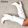 Fashion White Black Women Knee High Boots Sexy Pointed Toe Square Heels Ladies Long Slip On Female Shoes Size 35-42