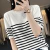 Pure Cotton Round Neck Black and White Striped Knitted Short-sleeved Women's Summer New Style Pimple Needle Base Comfortable and Versatile Top