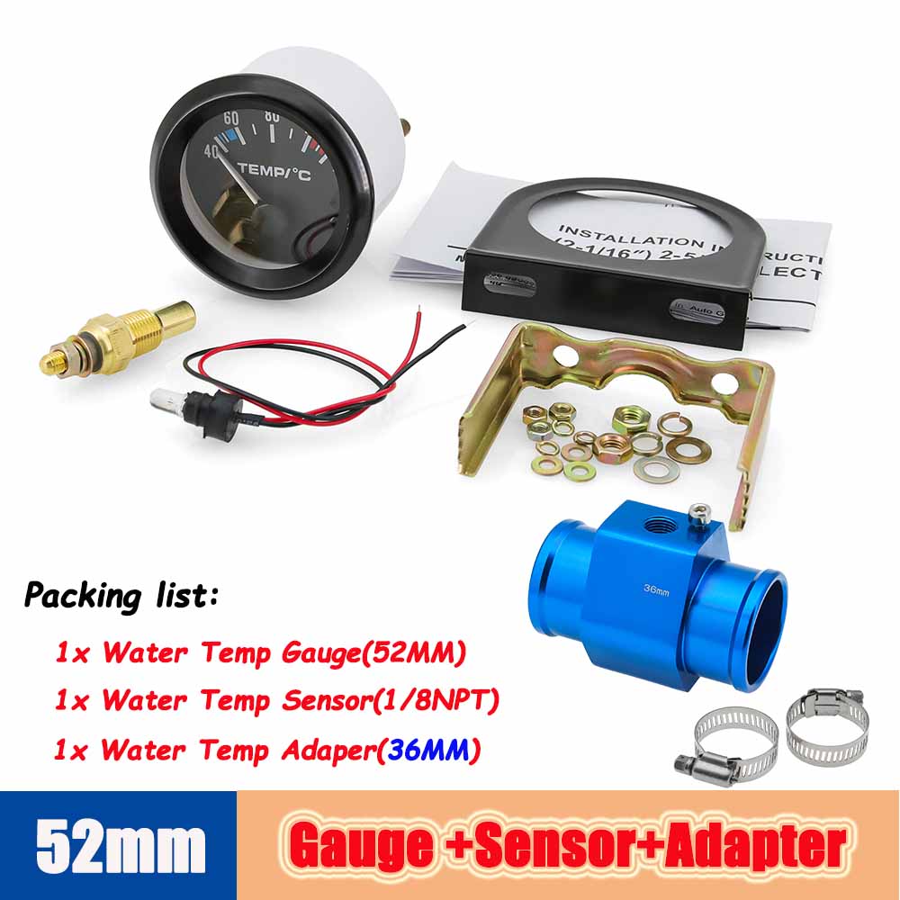 52mm Water Temperature Gauge 40-120 Celsius with Adaptor Joint Pipe Radiator 1/8NPT Sensor Car Racing Water Tank Level Indicator