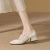 Square Head Thick Heel French Evening Breeze Single Shoes Women's Spring and Summer New One-word Buckle Belt Burgundy Mary Jane Shoes Women