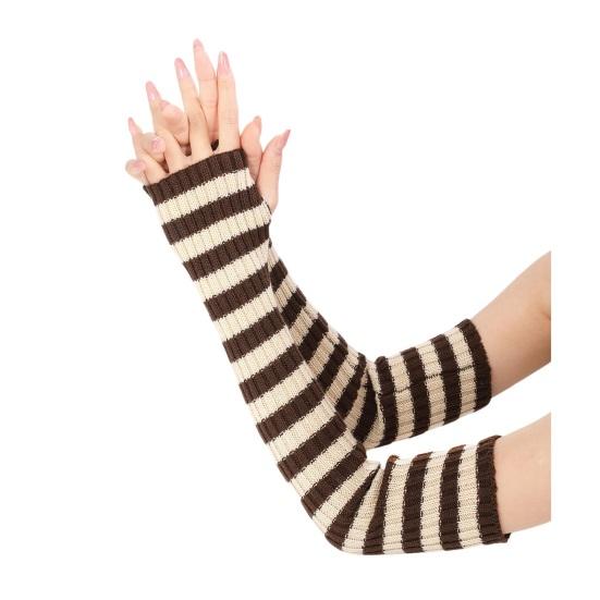 Women Striped Elbow Gloves Winter Knitted Arm Warmers Goth Punk Fingerless Gloves Stretchy Mittens with Thumb Hole for Daily Wear Cosplay