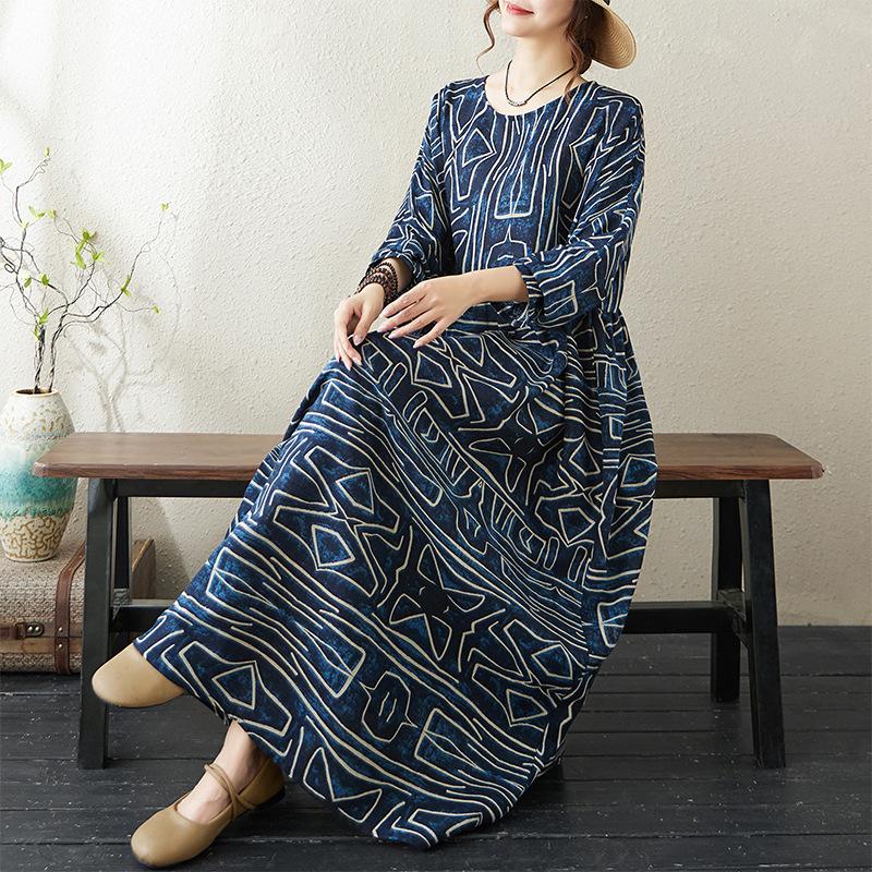 Round Neck Long Sleeve Bohemian Clothing Retro Autumn Cotton Linen Dresses Vintage Casual Floral Printed Long Dress for Women