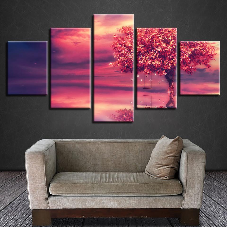 Modular Canvas HD Prints Posters Home Decor Wall Art Pictures 5 Pieces Red Clou & Tree Art Scenery Landscape Paintings No Frame
