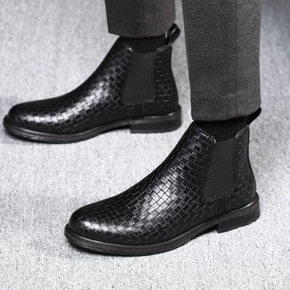 New Men's Woven Pattern Handmade Elastic Sleeve High Top Leather Boots for Casual Business and Fashion Chelsea Leather Boots